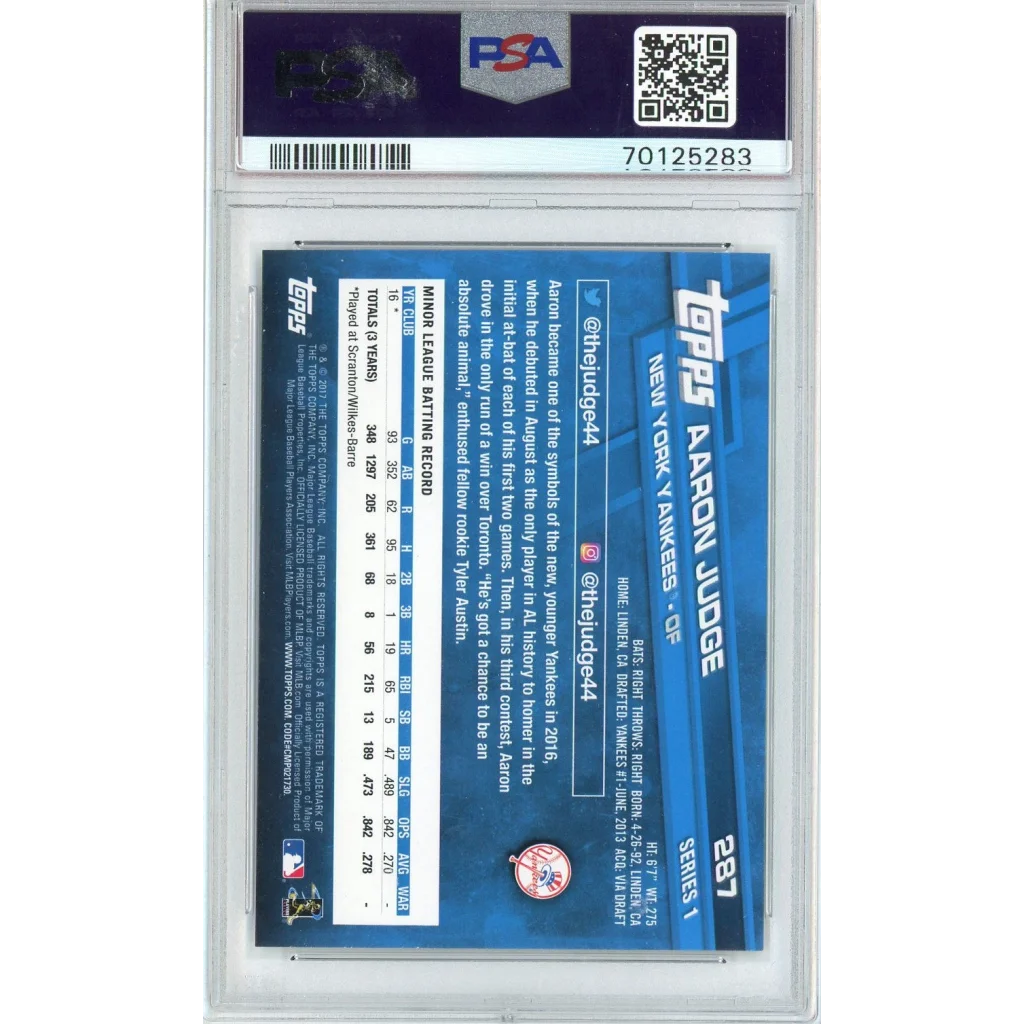 Aaron Judge 2017 Topps PSA 10 Gem Mint graded baseball card on display