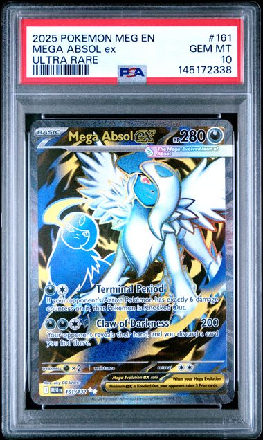 PSA-graded Mega Absol ex card in clear case showing blue and white Pokรฉmon illustration with gold accents and black borders.