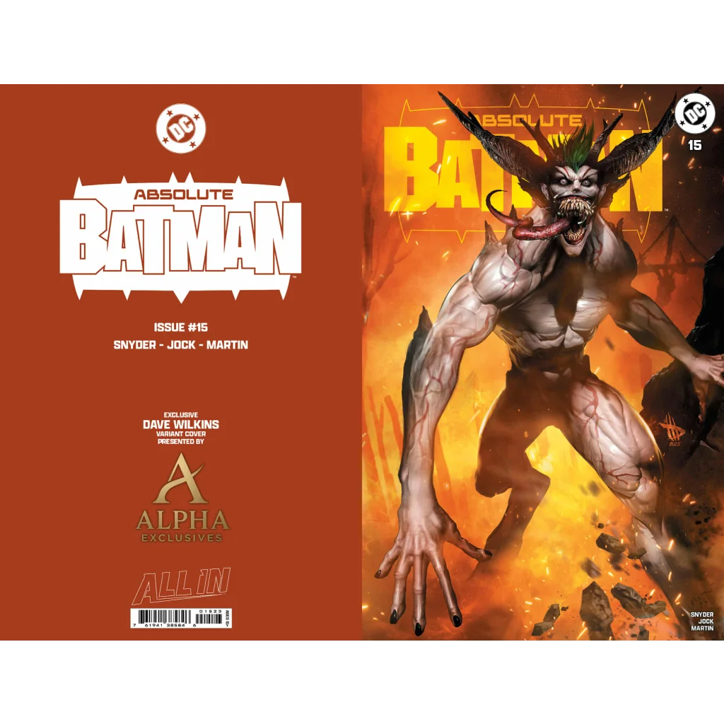 Absolute Batman #15 cover by Scott Snyder: horned fanged monster with green hair on fiery orange background
