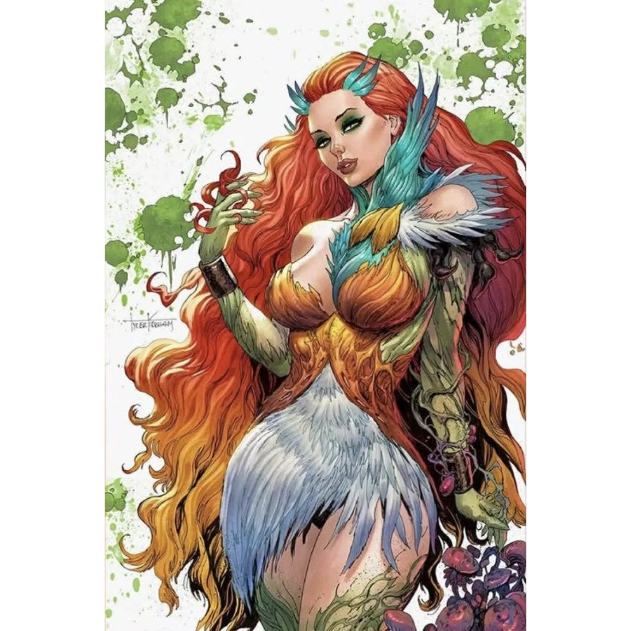 A vibrant fantasy-style illustration of a woman with red hair and teal feathers on absolute batman #17 by tyler kirkham