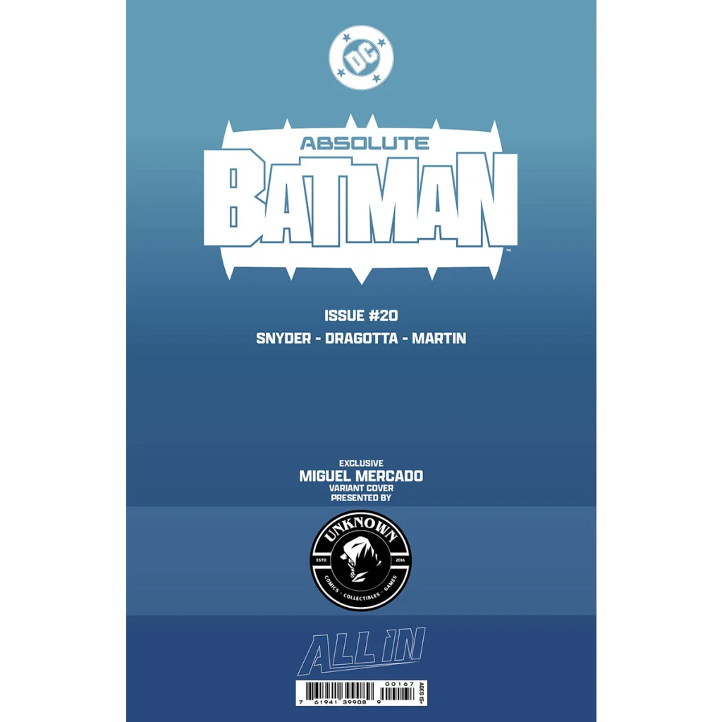 Blue absolute batman comic book cover with bold white lettering and miguel mercado exclusive variant design