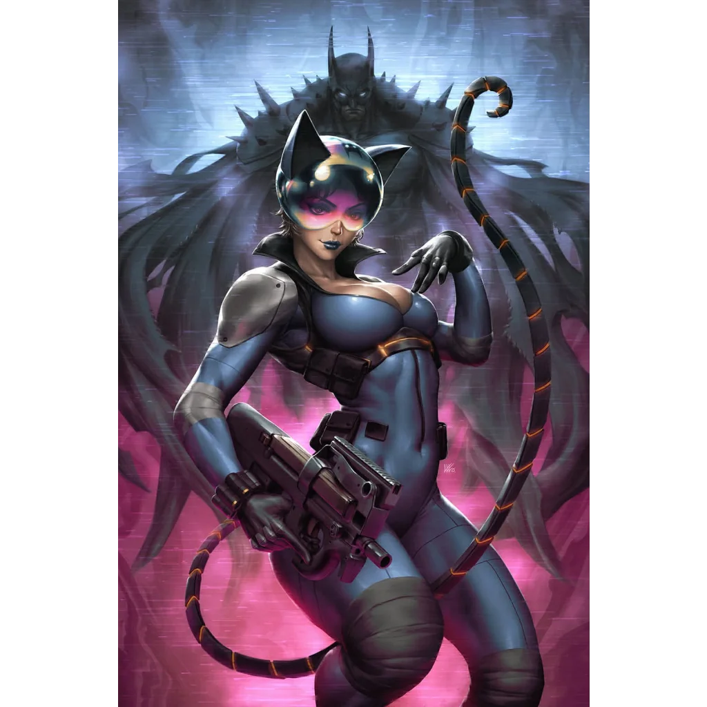 Absolute catwoman #1 by kendrick lim features a blue and black armored suit with glowing orange accents in alpha exclusive edition