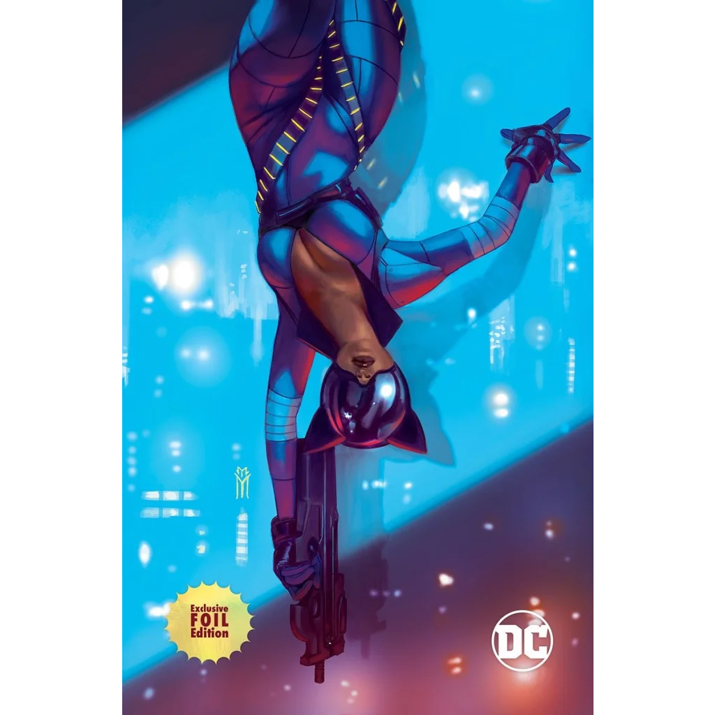 A sleek futuristic absolute catwoman costume in vibrant blue and purple with glowing yellow accents by miguel mercado