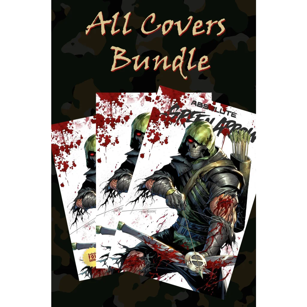 Absolute green arrow #1 comic book cover by tyler kirkham featuring green hooded skeleton archer with black armor and red splatter effects