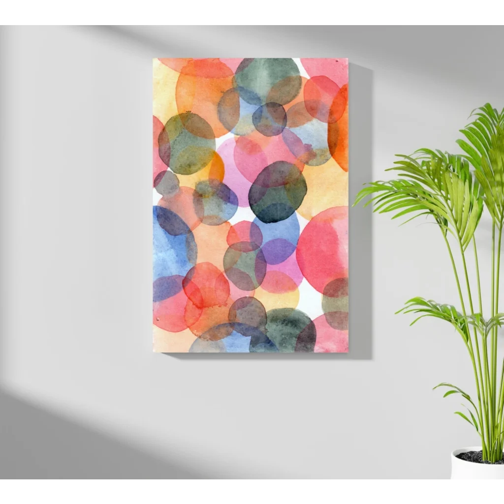 Vibrant watercolor abstract with overlapping translucent circles in pink, orange, blue, green on Insigne aluminum prints