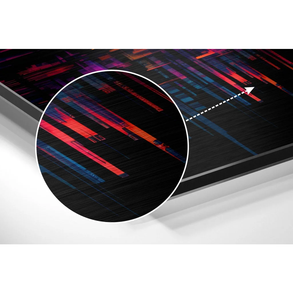 Sleek black-framed neon cityscape on brushed aluminium dibond print