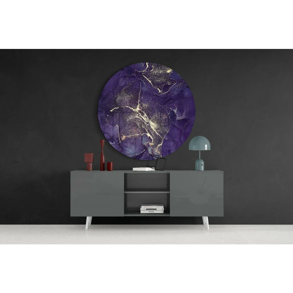 Stunning purple marble tempered glass art with gold veining swirls