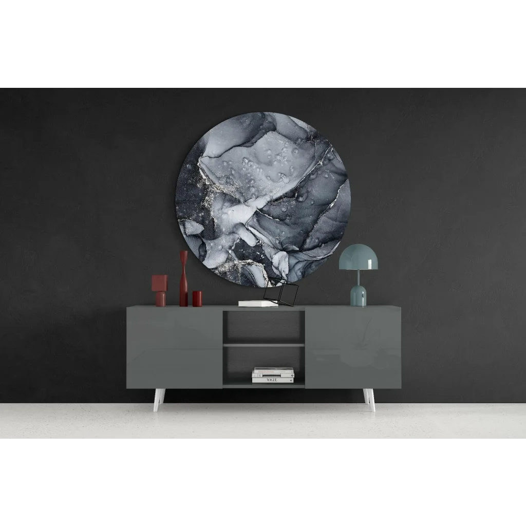 Swirling black and silver marble tempered glass art