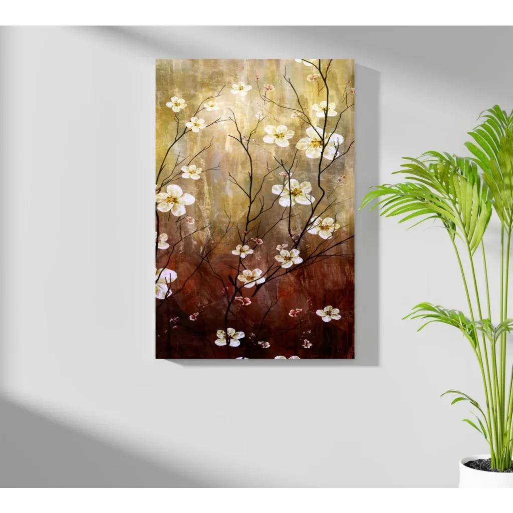 Delicate white blossoms on dark branches in insigne aluminum prints