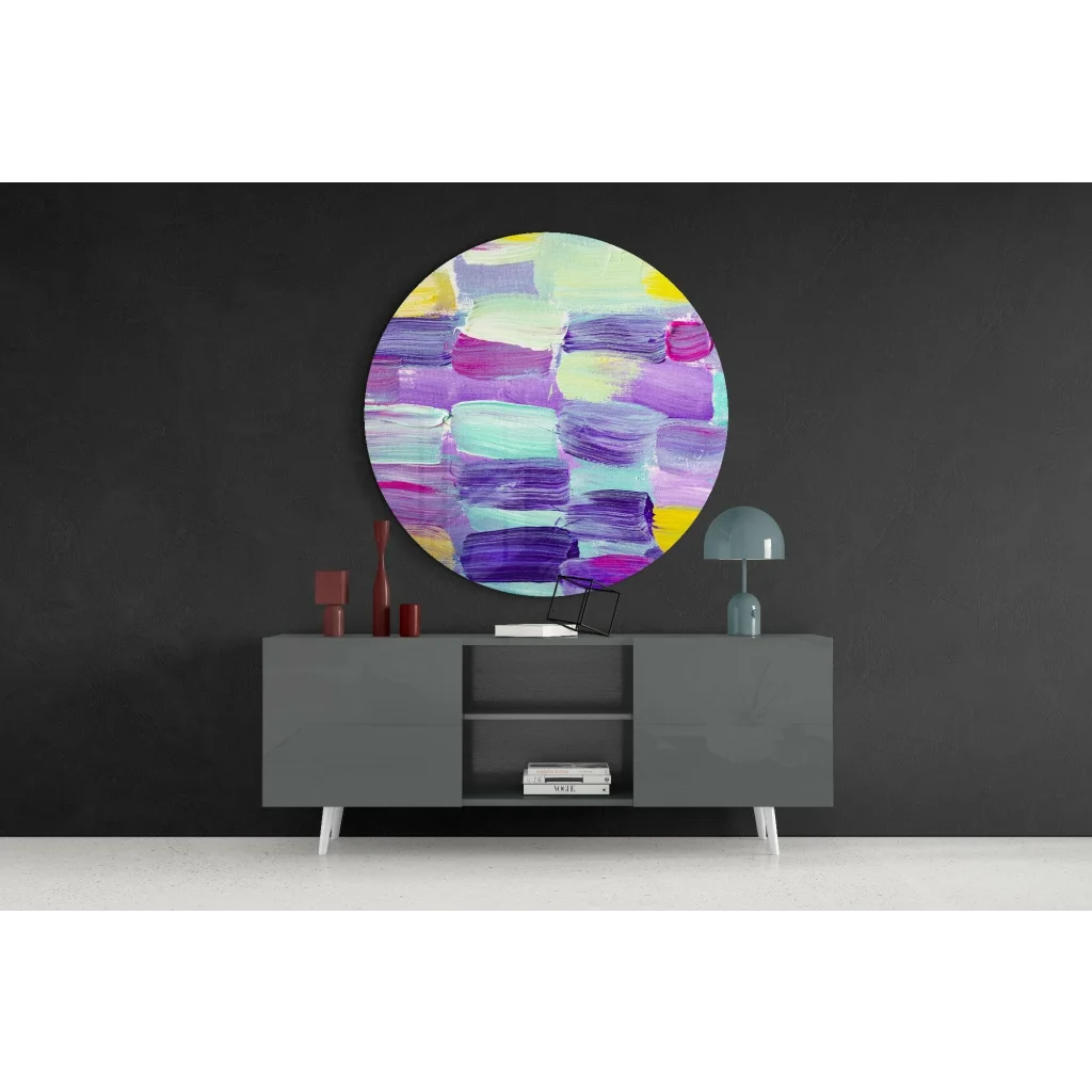 Vibrant circular tempered glass art with bold purple and pink swirls