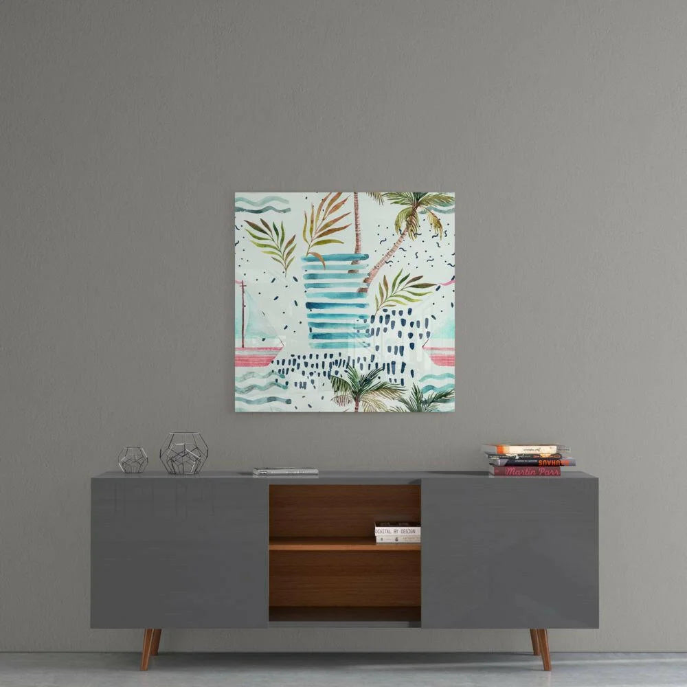 Tropical Palm Paradise canvas wall art with watercolor palms and waves