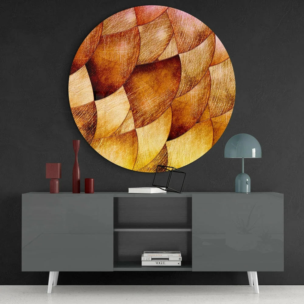 Stunning amber mosaic tempered glass art circle with geometric pattern