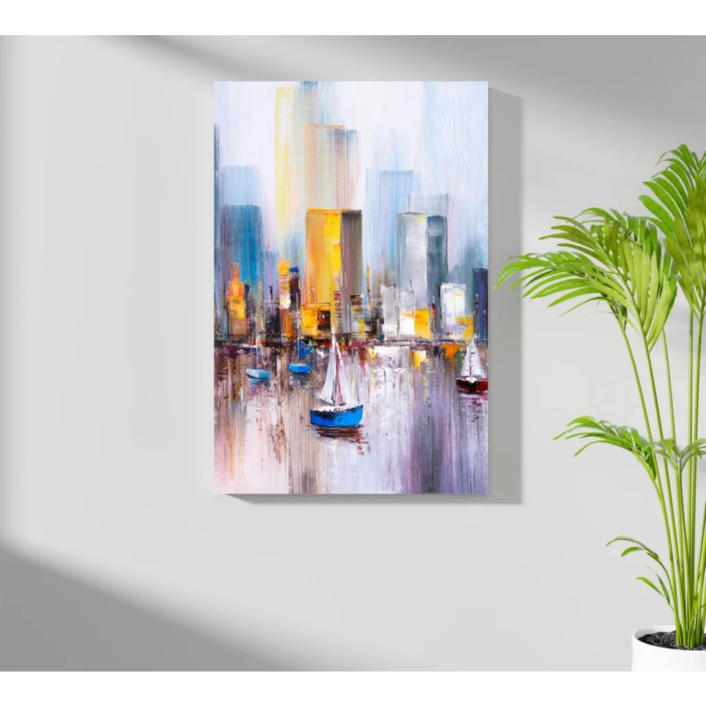 Insigne aluminum prints: abstract cityscape with sailboats in blue, yellow, white