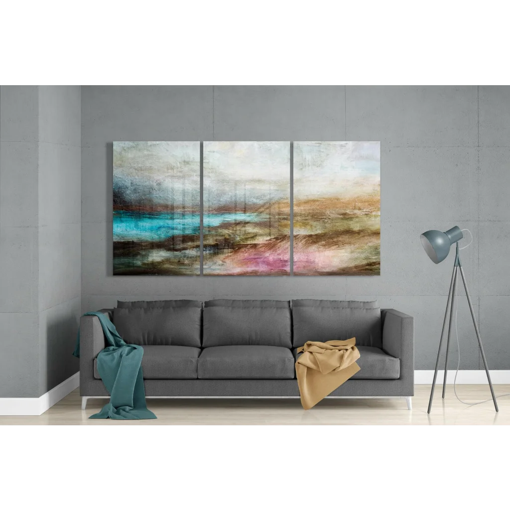 Stunning teal and pink abstract triptych wall art canvas set