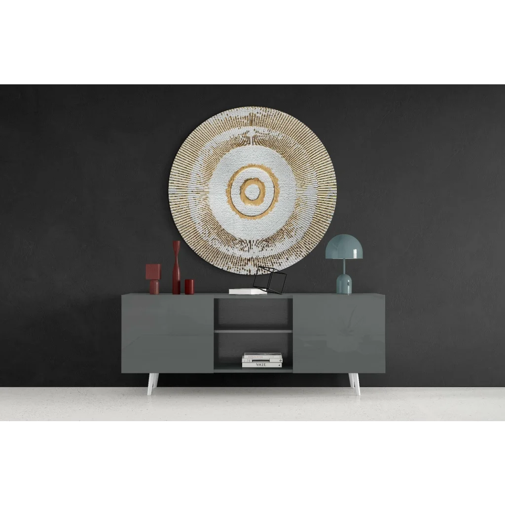 Radiant Sunburst tempered glass art with gold and white mosaic rings