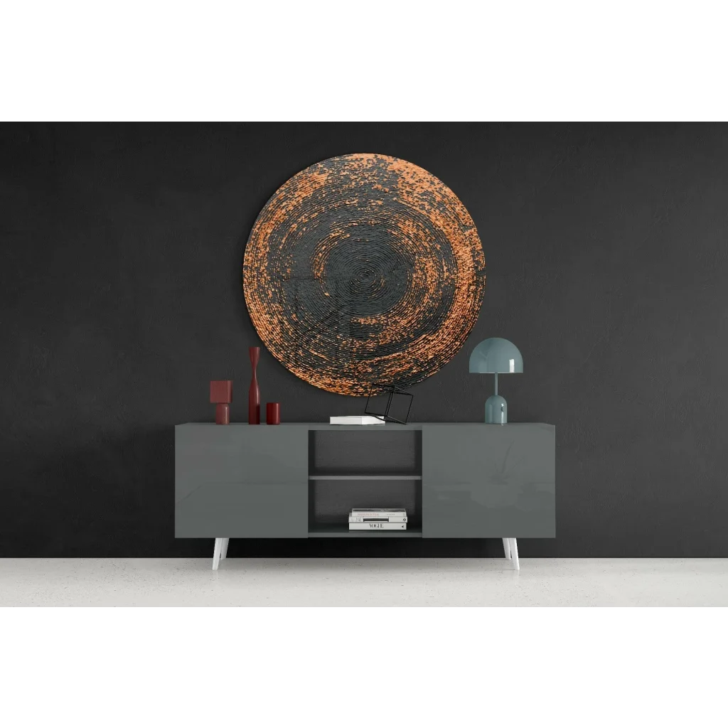Stunning tempered glass art with copper and black concentric rings