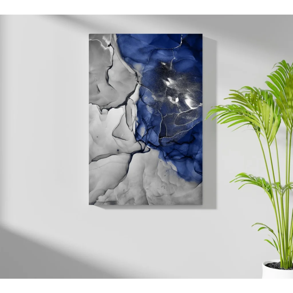 Stunning deep blue marbled insigne aluminum print with swirling silver gradients