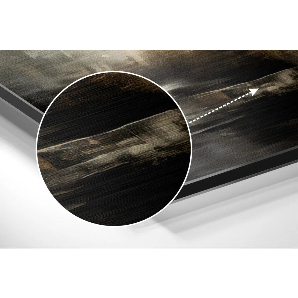 Stunning brushed aluminium dibond abstract wall art with dark wood texture