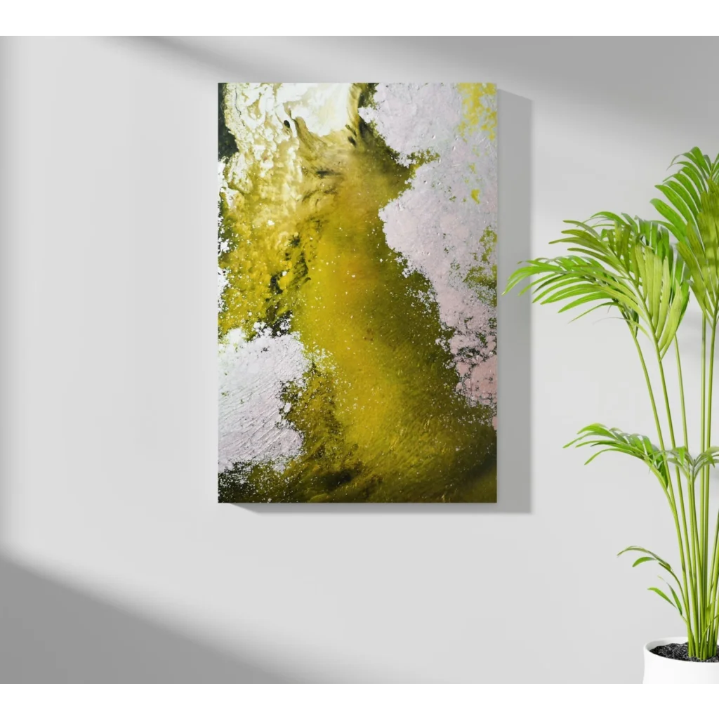 Vibrant abstract insigne aluminum print with swirling yellow, white, pink hues