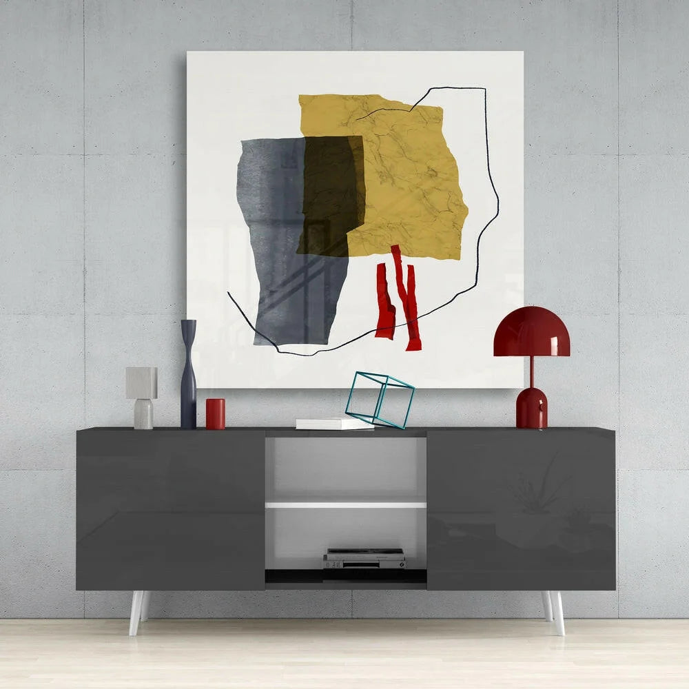 Modern bold geometric glass wall art in mustard yellow, gray, and red