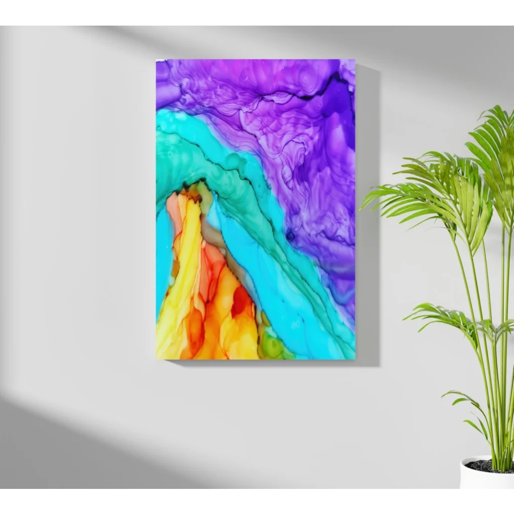 Vibrant swirling abstract on Insigne aluminum prints in purple, teal, orange