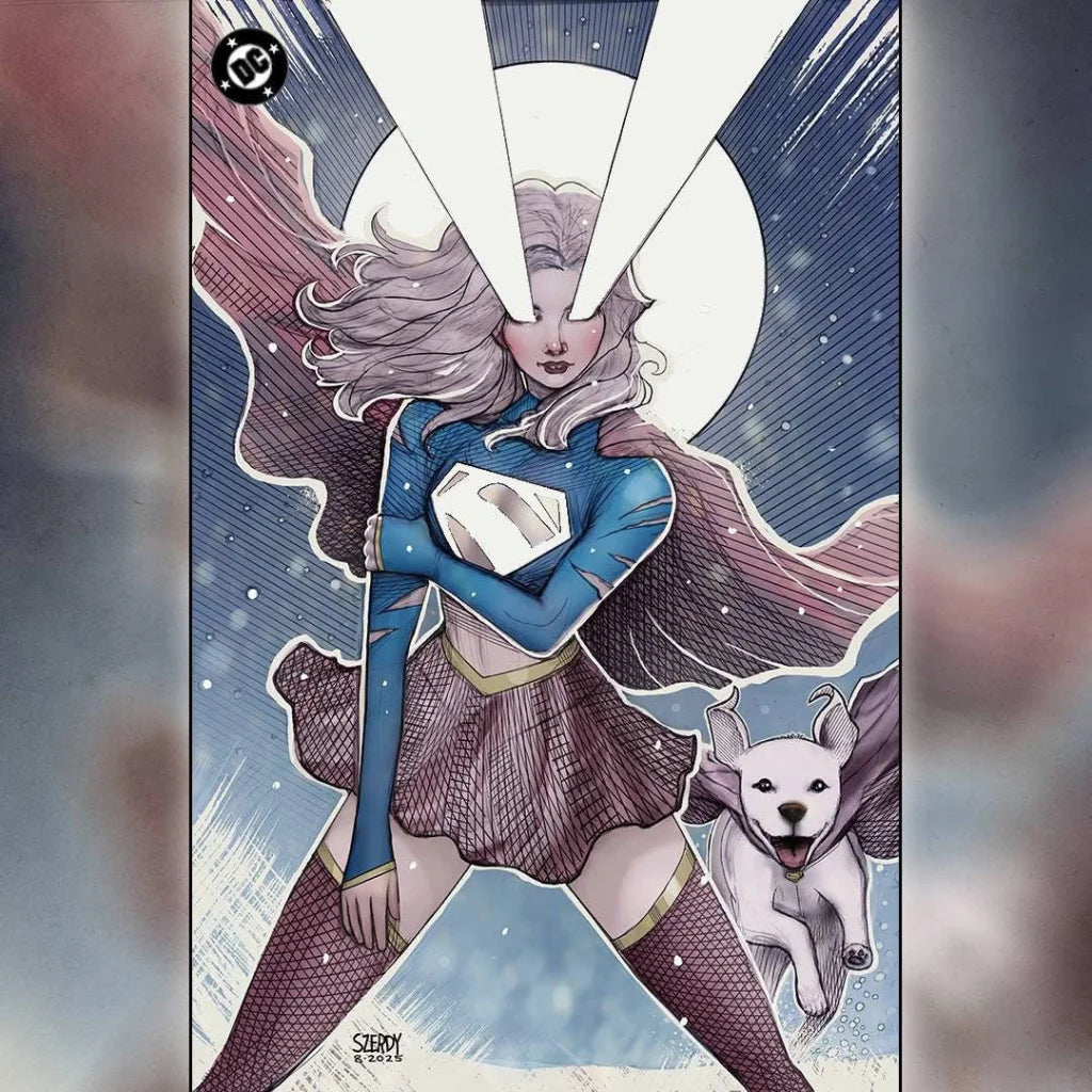 Superwoman in blue gold costume by Nathan Szerdy, Action Comics 252 cosmic backdrop