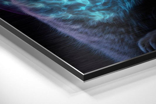 Close-up angled view of layered aluminum dibond panel showing blue glowing cosmic imagery with black border and white backing layers.