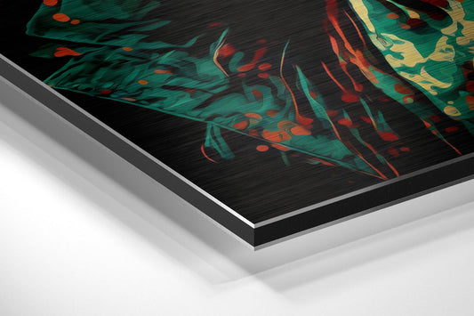 Angled detail shot showing layered brushed aluminum and white backing of teal, red, and gold abstract artwork on Dibond panel.