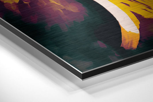 Close-up angled view of layered aluminum dibond wall art showing vibrant yellow, maroon, and teal colors with brushed metallic finish and white border stripe.