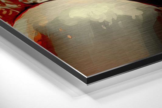 Angled view of brushed aluminum Dibond print with red and blonde abstract brushwork and visible layered edge construction.