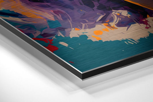 Angled perspective view of colorful abstract wall art print on layered aluminum and black composite board, showing teal, purple, orange, and cream brushstrokes.
