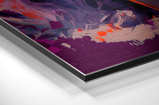 Angled perspective shot of brushed aluminum dibond wall art with purple, magenta, and orange abstract palette knife painting, showing layered edge detail.