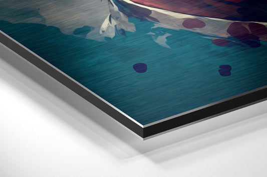 Angled perspective view of layered aluminum dibond wall art with turquoise textured surface and purple circular splatters.