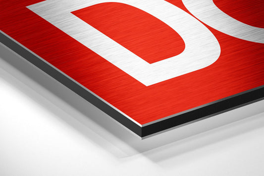 Angled 3D view of red and white brushed aluminum wall art with layered edge detail against white background.