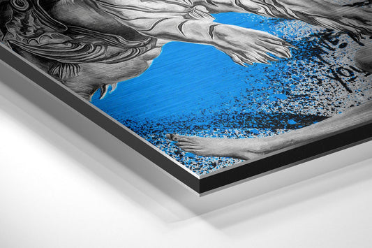 Angled perspective of blue graffiti tiger art on brushed aluminum dibond panel with black backing frame.