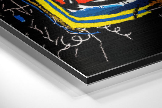 Angled view of brushed aluminum dibond panel showing colorful line skull design with yellow, blue, red, and white strokes on black background.
