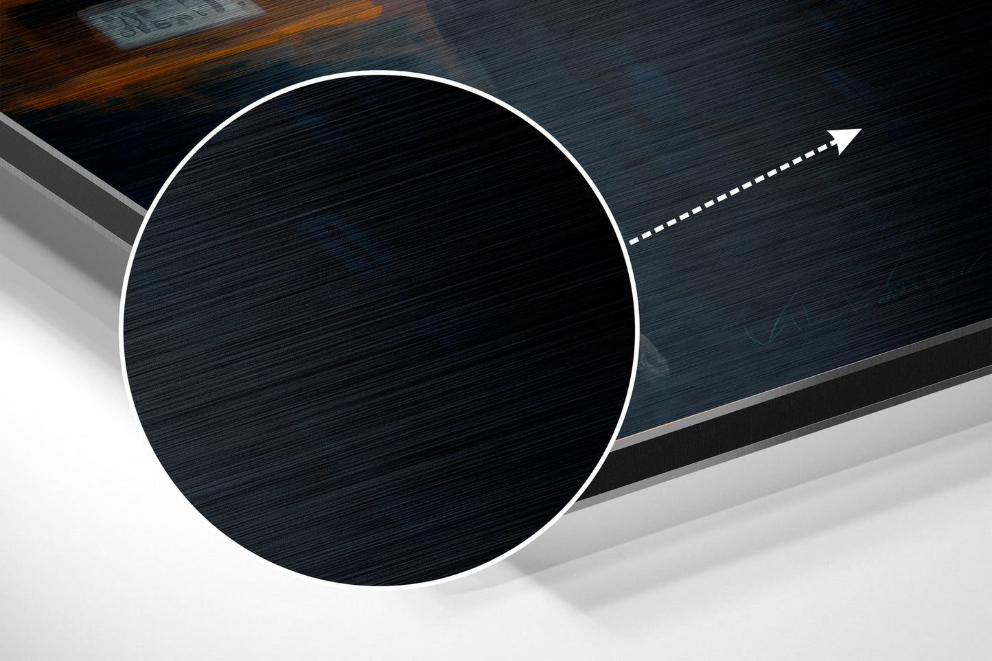 Angled perspective view of brushed aluminum Dibond wall art featuring a large black circle with white border and directional arrow on dark textured background.