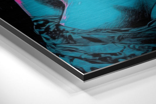 Close-up angled view of layered aluminum dibond edges showing teal and pink duotone artwork with black border frame.