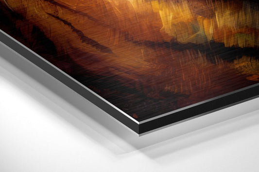 Close-up angled view of brushed aluminum and black dibond layered edges showing print corner detail.