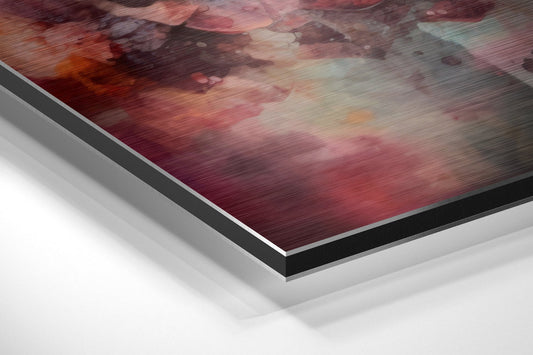 Close-up angled view of layered Dibond panel edge showing burgundy watercolor artwork with black backing and silver trim.