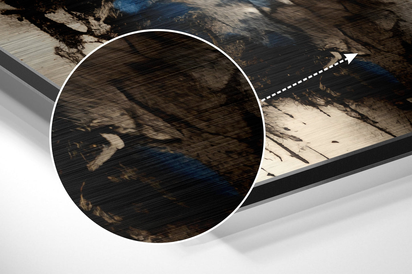 Close-up detail of brushed aluminum Dibond wall art showing textured surface with wood grain pattern and shadow overlay in brown and blue tones.