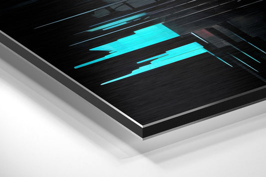 Angled perspective view of brushed aluminum wall art with cyan glitch-pattern stripes on black background, silver frame edge visible.