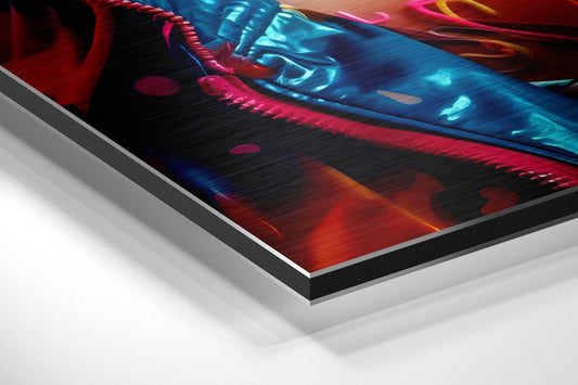 Angled perspective view of layered aluminum dibond wall art featuring neon pink sunglasses and blue woman's face on dark background.