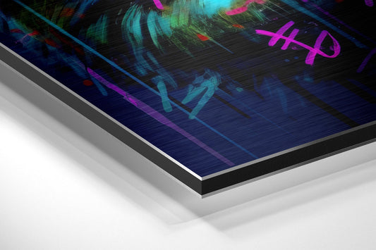 Angled view of framed metal wall art with neon cyan and magenta graffiti-style graphics on dark blue brushed aluminum surface.
