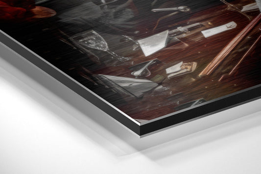 Close-up angled view of brushed aluminum dibond print edges showing layered mounting with black and white borders against white background.