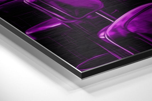 Angled perspective view of brushed aluminum dibond wall art featuring purple and magenta abstract design with metallic edges on white background.