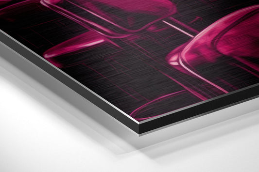 Angled perspective view of brushed aluminum Dibond wall art showing magenta neon diner woman silhouette on black background with white mat edge.