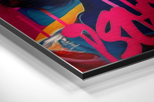Angled perspective of brushed aluminum wall art featuring vibrant pink, red, teal, and yellow abstract design with woman and lollipop motif.