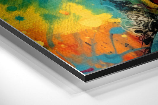 Angled close-up view of layered aluminum dibond wall art showing vibrant yellow, orange, blue, and teal abstract artwork with decorative black border trim.