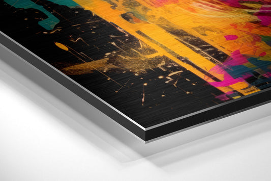Angled close-up view of layered Dibond panel showing brushed aluminum backing with vibrant amber, teal, and magenta abstract artwork on front surface.